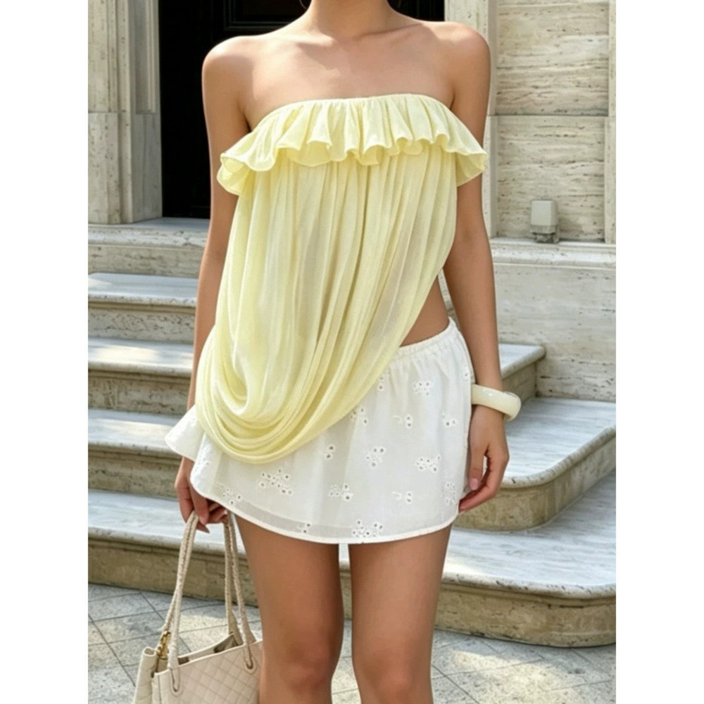 Zara Summer Off Shoulder Ruffle Sheer Asymmetric Top